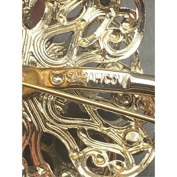 Sarah Coventry Gold tone Flower Brooch red rhinestones matching clip earrings - Picture 8 of 11